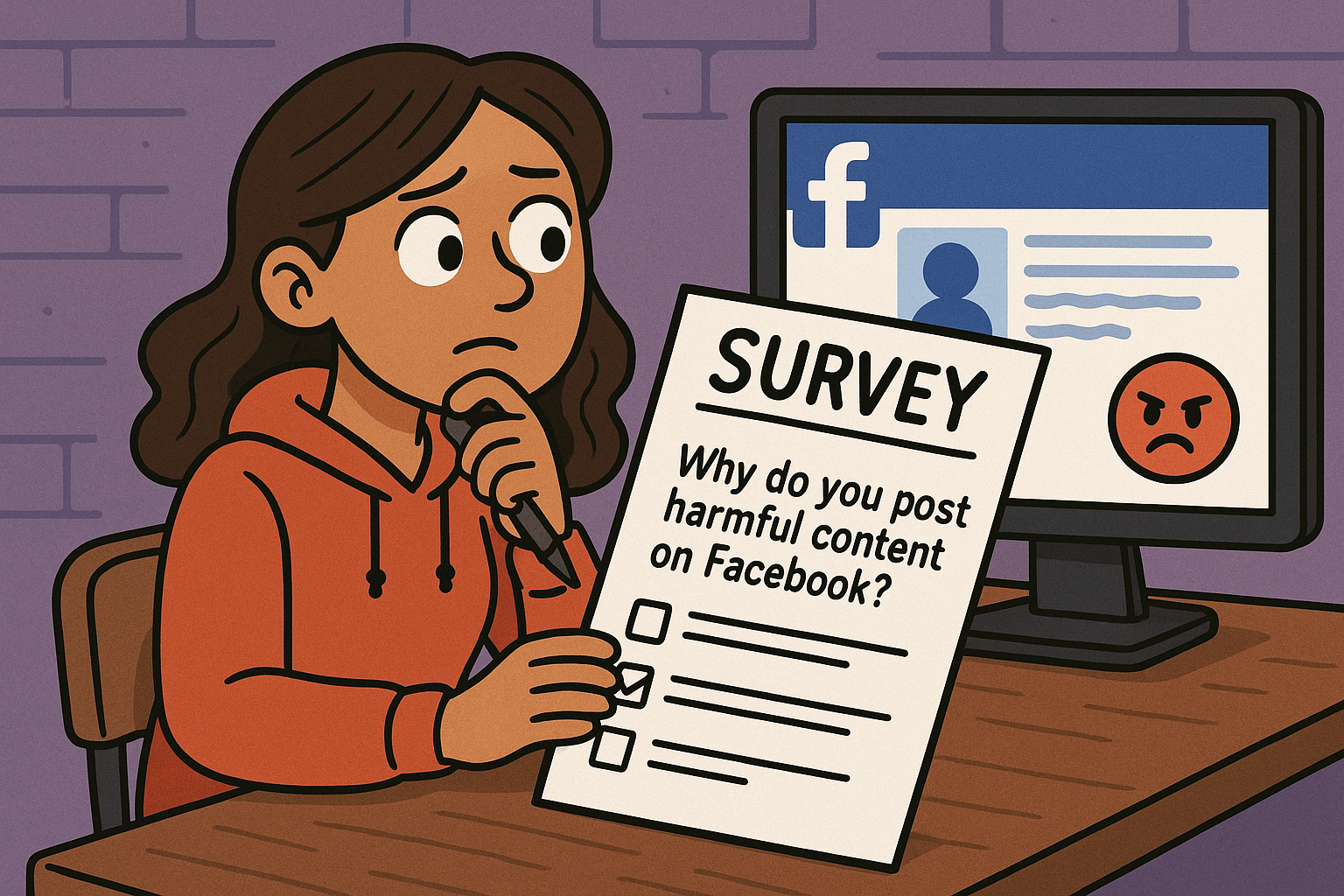 Cartoon-style illustration of a young woman in an orange hoodie sitting at a desk, holding a survey form that reads “Why do you post harmful content on Facebook?” She looks thoughtful, with a pen resting on her chin. A computer monitor in the background shows a Facebook-like interface with an angry emoji icon.