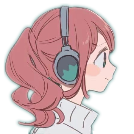 a cartoon avatar girl with pink hair tied up as a ponytail wearing a headphone